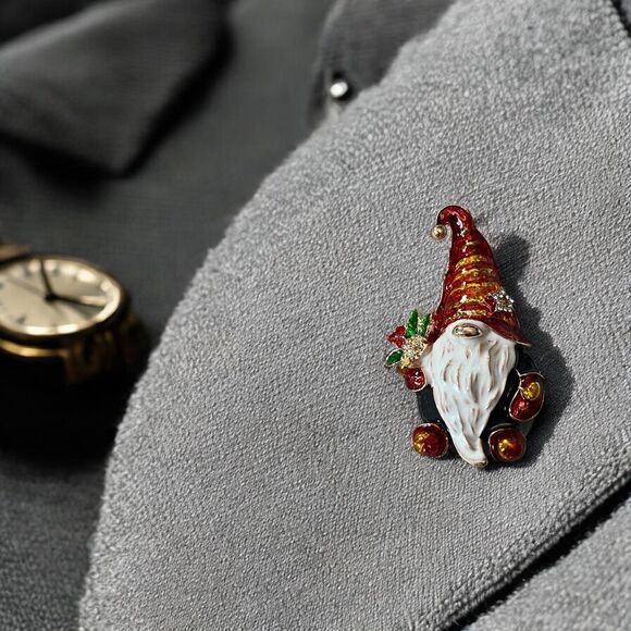 Sparkly Holiday Gnome Brooch - Whimsical Pin for Festive Attire - Picture 2 of 4